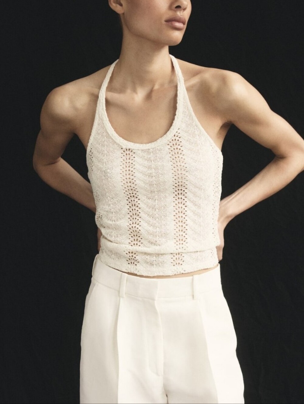 H&M Cream Pointelle Crochet Knit Halter Backless Top S